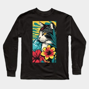 American Shorthair Cat Vibrant Tropical Flower Tall Retro Vintage Digital Pop Art Portrait 2 Long Sleeve T-Shirt